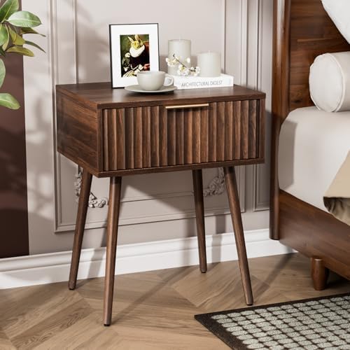 VINGLI Nightstands Set of 2, Fluted Night Stand with Drawer, Bedside Table, Wood Nightstand for Bedroom, Mid Century Modern End Tables, Walnut, 18.9" W*14.96" D*24" H - Image 7
