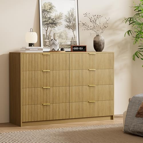 Furniway Mid Century Modern Dresser for Bedroom, 8 Drawer Wood Dresser with Fluted Front, 55" Wide Chest of Drawers for Closet, Living Room, Hallway, Natural Oak - Image 4