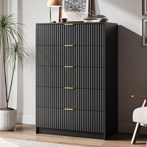 MAISONARIA 5 Drawer Dresser for Bedroom, Tall Dresser Chest of Drawers with Gold Handles, 32 Inch Wide Nightstand with for Bedroom, Living Rooms, Offices, and Entryways, Black by MAISONARIA