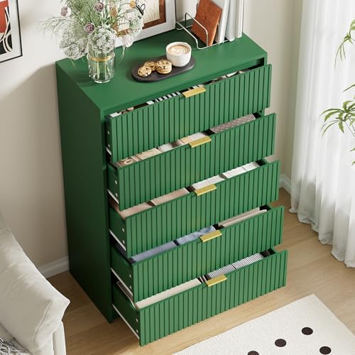 Furniway Green Dresser for Bedroom, Modern Dresser with 5 Drawers and Smooth Slides, Wide Chest of Drawers with Golden Handles for Bedroom, Living Room, Closet, 15.7" D x 31.5" W x 47.2" H - Image 5