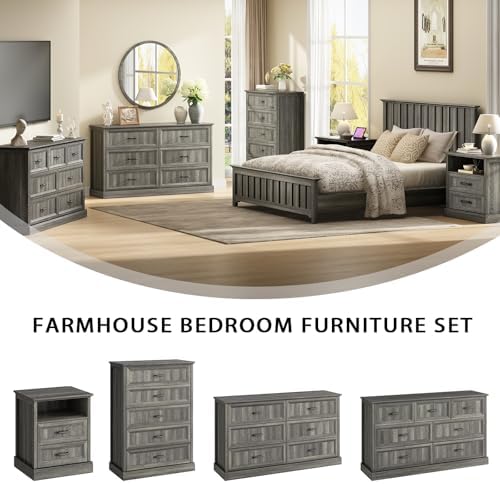Farmhouse 6 Drawer Dresser for Bedroom, 55" Grey Dresser with TV Stand - Image 4