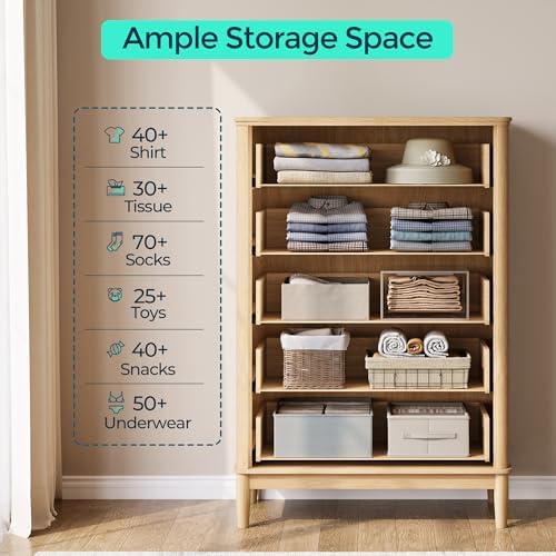 LINSY Fluted 5 Drawer Dresser for Bedroom, 46" Tall Mid-Century Modern Chest of Drawers, Deep Storage Dresser with Curved Corner Design, Large Accent Wood Cabinet for Bedroom, Oak - Image 5