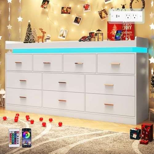 Hlivelood 10 Drawer Dresser with LED Light and Charging Station, Modern Chest of Drawers for Closet, Wide Drawer Organizer Cabinet for, Living Room, Entryway, Hallway, White - Image 4