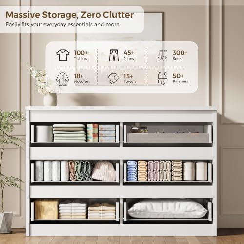 Jocoevol 6 Drawer Fluted Dresser, Modern Chest of Drawers for Bedroom with Hidden Handles, Wood Storage Organizer Cabinet for Living Room & Entryway, White (15.7" D x 47.3" W x 31.6" H) - Image 3