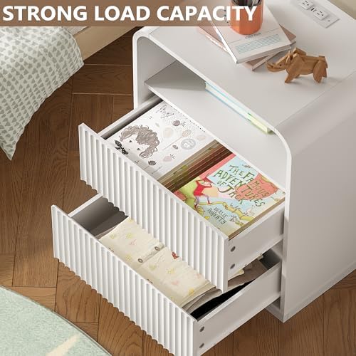 BORNOON Dresser with 2 Drawers and Charging Station, Fluted Bedside Table with Round Curved Corner, Hidden Handles, 2 AC Outlets and 2 USB Ports, Modern Wood End Table with Open Shelf for Bedroom - Image 3