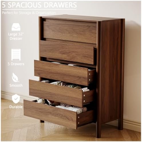 HOUROM Walnut Dresser for Bedroom,45"Tall 5 Drawer Mid Century Modern Chest - Image 5