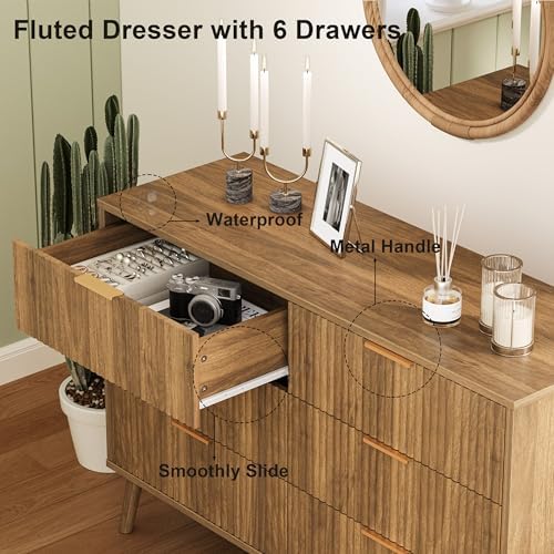 Fluted 6 Drawers Dresser for Bedroom, Wooden Wide Chest of Drawers with Metal Handle, Dresser TV Stand, Closet Storage Organizer for Entryway, Living Room, Hallway - Image 3