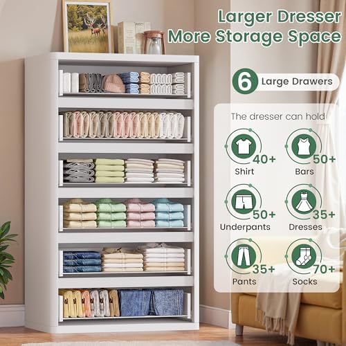 Standifurno 56" Tall Dresser for Bedroom, White Fluted Dresser with 6 Deep Drawers, Modern Chest of Drawers with Curved Profile, Handleless, Wooden Drawer Organizer for Living Room, Hallway, Closet - Image 3