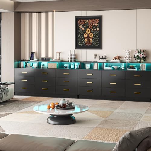 UNIQUITE Black 9 Drawer Dressers for Bedroom, Modern Large Dresser with LED Light and Power Outlet, Wooden Long Dresser for Bedroom, Entryway, Hallway - Image 6