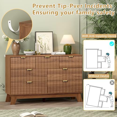 Wodeer 7 Drawer Fluted Dresser for Bedroom, Mid Century Modern Wooden Dresser with 7 Drawers, Dressers & Chests of Drawers with Metal Handle, TV Stand & Storage Organizer for Entryway, Hallway, Walnut - Image 6