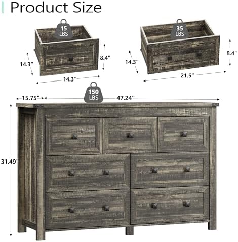 Xixini 47.2" Wide 7-Drawer Farmhouse Dresser for Bedroom, Dark Brown - Image 3