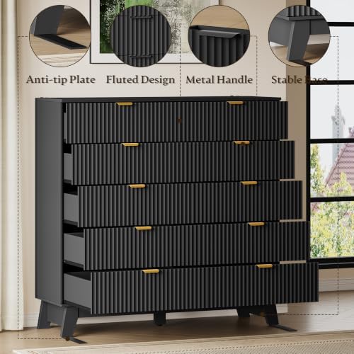 BORNOON 46" Tall Dresser for Bedroom, 10-Drawer Fluted Chest of Drawers, Modern Wood Highboy with Metal Slides and Handles, Anti-Tip Kit, Vertical Clothes Storage Organizer for Apartment, Closet - Image 4