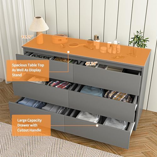 Vibe & Dine 6 Drawer Double Dresser, Modern Chest of Drawers with Wide Storage for Closet, Bedroom, Living Room (Grey) - Image 5