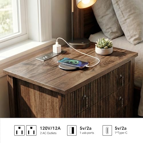 FUSUNBAO Fluted Nightstand with Charging Station & 3 Drawers,Dresser Walnut - Image 4