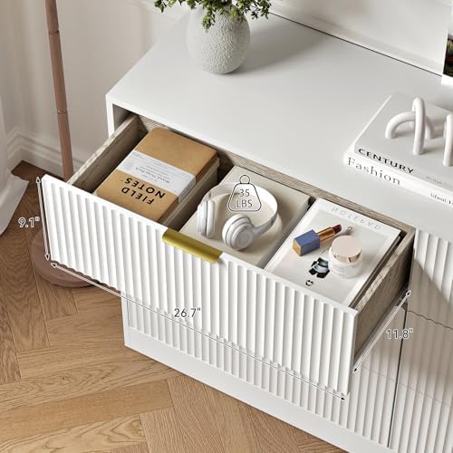 6 Drawers Fluted Dresser for Bedroom, 55" Wide Wooden Dresser with Deep Drawers, Large Floor Chest of Drawers, Modern Long TV Stand, Storage Cabinet Side Table, White - Image 3