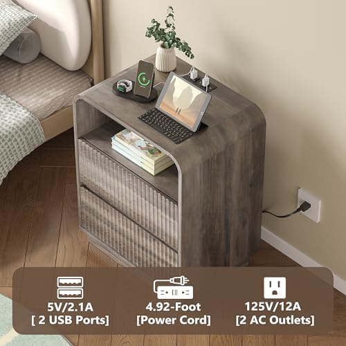 BORNOON Dresser with 2 Drawers and Charging Station, Fluted Bedside Table with Round Curved Corner, Hidden Handles, 2 AC Outlets and 2 USB Ports, Modern Wood End Table with Open Shelf for Bedroom - Image 4