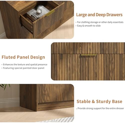 Walnut Dresser with 7 Drawer 55" Wide Fluted Dresser for Bedroom丨Modern Chest of Drawer with Metal Handles, Wood TV Stand for Bedroom, Living Room, Entryway, Hallway, Walnut - Image 5