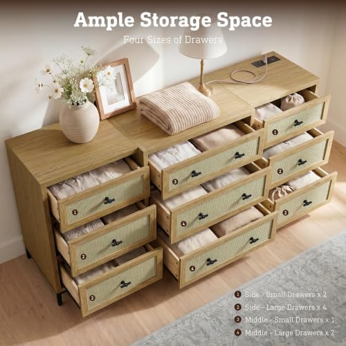 9 Drawers Dresser for Bedroom, 63" Wide Rattan Dressers w/Charging Station - Image 2