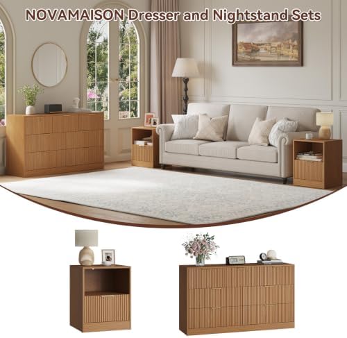 3 Pcs Fluted Dresser & 1-Drawer Nightstand Set, Natural Wood丨7 Dressers and Night Stand Set of 2 with Metal Handle, Fluted Modern Wood Chest of Drawers Storage Dressers Set for Bedroom - Image 2