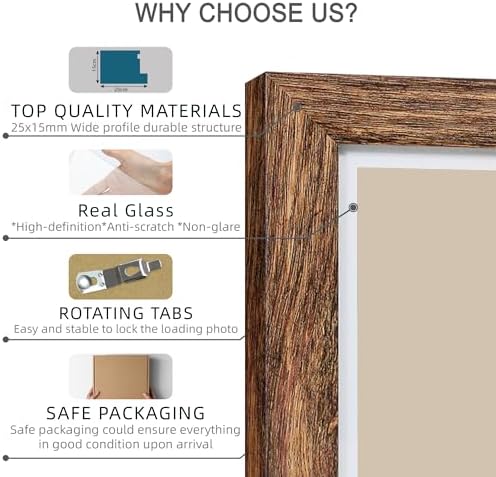Hongkee 11x14 Picture Frame Set of 4, Made of Glass and Rustic Brown Wooden Frame, Display 8x10 Pictures with Mat or 11 x 14 Posters without Mat for Wall Mounting, Gallery Photo Frames - Image 6