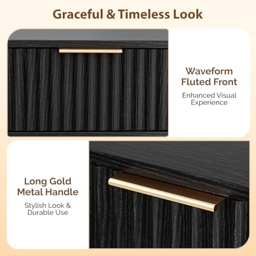 VINGLI Night Stand Set 2, Fluted Nightstands with Drawer, Mid Century Modern Nightstands Set of 2, Bedside Table, End Table, Wood Nightstand for Bedroom, Black, 15.75" W*11.81" D*21.85" H - Image 5