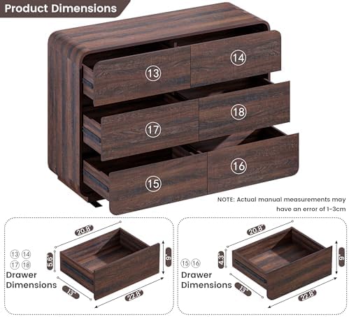 Standifurno Walnut 6 Drawer Dresser, Curved Chest of Drawers for Bedroom, 47 Inch Wide Dresser with Deep Drawers for Clothes, Modern Drawer Closet for Bedroom, Living Rooms, Offices, Entryways - Image 3