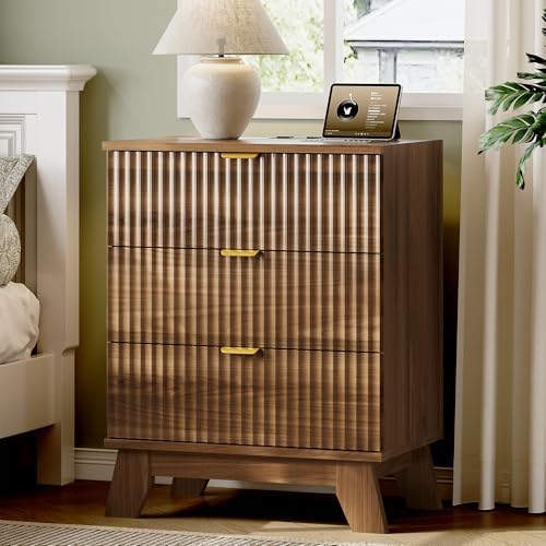 Xixini Fluted Nightstand with Charging Station, Tall Bedside Table, Walnut by Xixini