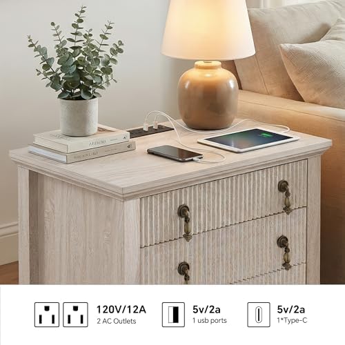 FUSUNBAO Fluted Nightstand with Charging Station & 3 Drawers,Nature Oak - Image 4