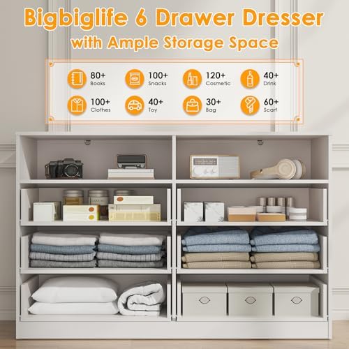 Bigbiglife 6 Drawers Dresser for Bedroom with Open Storage Cubby, Double Wide Dresser Organizer for Bedroom, Living Room, Entryway, Hallway (White) - Image 7