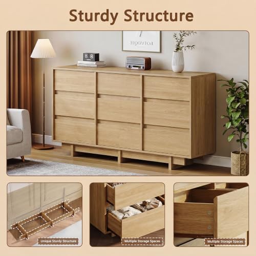 HOUROM Oak Dresser for Bedroom, 59in Modern 9 Drawer Chest of Drawers - Image 3