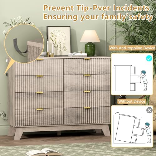 Wodeer 8 Drawer Fluted Dresser for Bedroom, Mid Century Modern Wooden Dresser with 8 Drawers, Dressers & Chests of Drawers with Metal Handle, TV Stand & Storage Organizer for Entryway, Hallway, Grey - Image 6