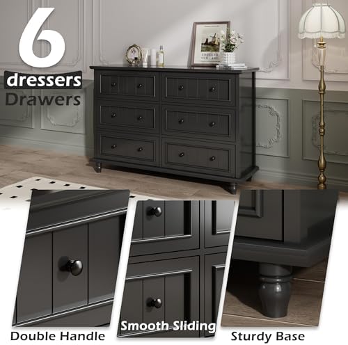 Black 6 Drawer Dresser, Vintage Chest of Drawers, 47.2'' Bedroom Cabinet - Image 5