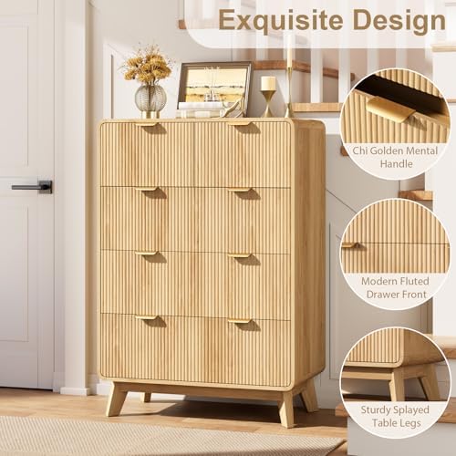 QUW Fluted 5 Drawers Dresser for Bedroom, Modern 40.2" Tall Drawer Dressers with Metal Handle, Wooden Chest of Dresser for Living Room, Hallway, Solid Wood Legs, Curved Profile Design, Natural Oak - Image 4