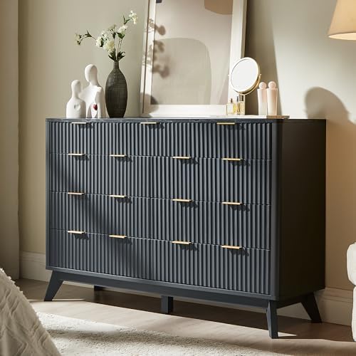 T4TREAM 54" Wide Fluted 9 Drawer Dresser for Bedroom, Dark Grey by T4TREAMFurniture