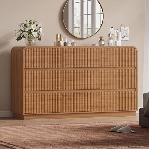 Wodeer Dresser Fluted 6 Drawers Dresser for Bedroom, 47" Wide Wood Chest of Drawers with Hidden Handles & Rounded Corners (Walnut, 9 Drawers, Fluted Panel & Rounded Corners) by WODEER