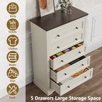LOUVIXA Farmhouse Dresser 5 Drawer, Bedroom Chest of Drawers, Dressers with 5 Drawers, Wooden Dressers for Bedroom, Living Room, Tv Stand, Entryway(Off White-Brown) - Image 7