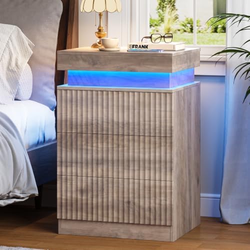 Fluted LED Night Stand with Charging Station, Wood Grey by yesasin