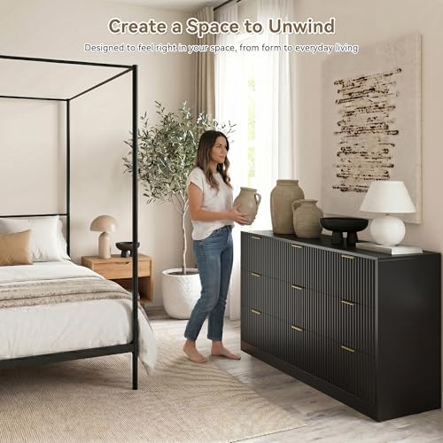 Black 9 Drawer Dresser for Bedroom, 63" Wide Modern Fluted Chest of Drawers, Wooden Dresser with Gold Metal Handles, Mid Century Large Dresser TV Stand for Living Room Hallway - Image 4
