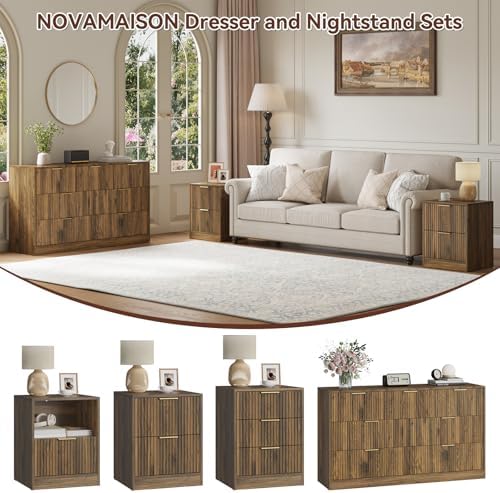 7 Drawer Dresser & 2-Drawer Nightstand Set 3-Piece, Walnut丨55 Wide Bedroom Set Night Stand Set of 2 with Metal Handle, Fluted Wood Chest of Drawers Storage Dressers Set for Bedroom - Image 3