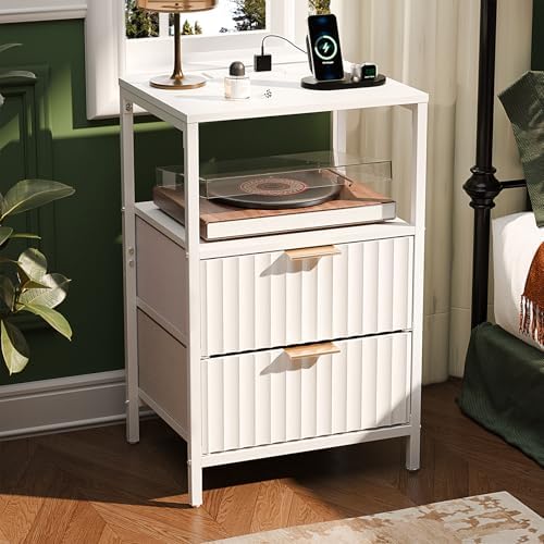 VINGLI White Nightstands Set of 2 with Fabric Drawers, Fluted Nightstand with Charging Station, Night Stand Set 2 White Side Table with Charging Station for Bedroom, Dorm - Image 3