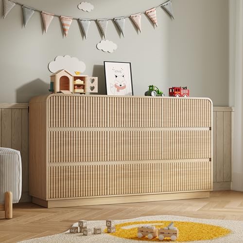 BORNOON Dresser for Bedroom with 9 Drawers, Fluted Chest of Drawers with Round Curved Corner, Hidden Handles, Modern Wood Storage Organizer for Bedroom, Nursery, Living Room by BORNOON