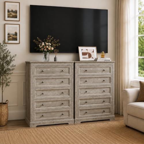 LOUVIXA Farmhouse Dresser 5 Drawer, Bedroom Chest of Drawers, Dressers with 5 Drawers, Wooden Dressers for Bedroom, Living Room, Tv Stand, Entryway(Rustic Yellow) - Image 4