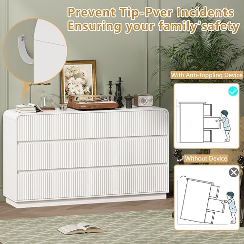 Wodeer White Dresser Fluted 9 Drawers Dresser for Bedroom, 59" Wide Wood Chest of Drawers with Hidden Handles & Rounded Corners, Modern TV Stand Storage Cabinet for Living Room, Hallway, Entryway - Image 6