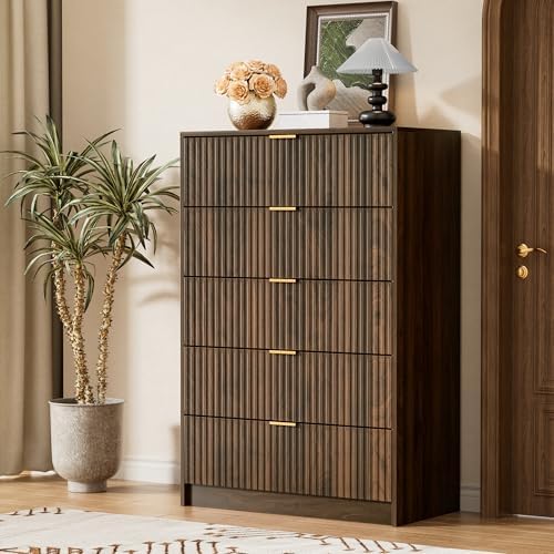 Furniway Walnut Dresser for Bedroom, Tall Dresser with 5 Drawers and Smooth Slides, Modern Chest of Drawers with Golden Handles for Bedroom, Living Room, Closet, 15.7" D x 31.5" W x 47.2" H - Image 5