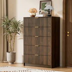Furniway Walnut Dresser for Bedroom, Tall Dresser with 5 Drawers and Smooth Slides, Modern Chest of Drawers with Golden Handles for Bedroom, Living Room, Closet, 15.7" D x 31.5" W x 47.2" H - Image 5