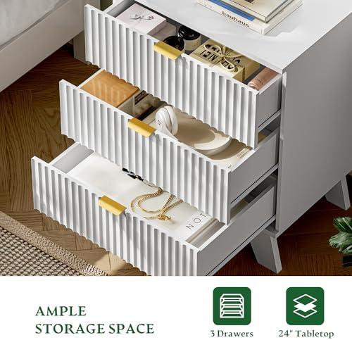 Xixini Fluted Nightstand with Charging Station, Tall Bedside Table, White - Image 5