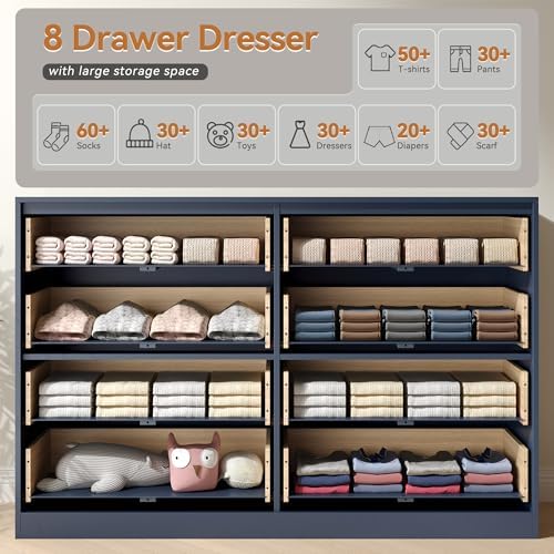 Blue Fluted Dresser Bedroom with 8 Drawer,55” Wide White Double Drawer Dresser Modern Chest of Drawers with Gold Handles,Wood TV Stand for Bedroom,Living Room (Blue, 8 Drawer Dresser) - Image 4