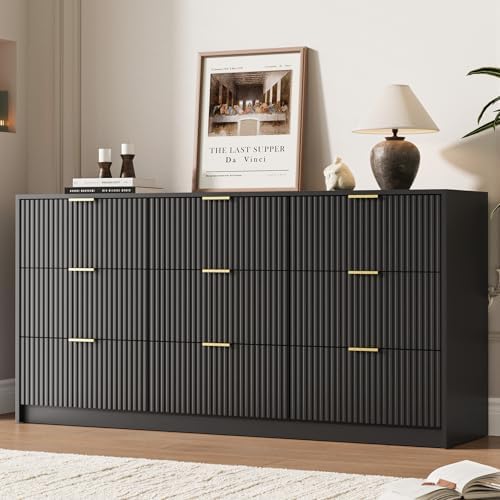 MAISONARIA Black 9 Drawer Dresser for Bedroom, 63" Wide Modern Fluted Dresser with Gold Metal Handles, Chest of Drawers for Bedroom, Living Room, Entryway, Hallway - Image 5