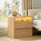 TEENFON Nightstands Set of 2 with Charging Station & LED Lights, Curved Corner Bedside Table 21.7" W, 2 Drawers & Open Shelf, USB-C & USB Ports, Natural, Storage End Table for Bedroom/Living Room - Image 2