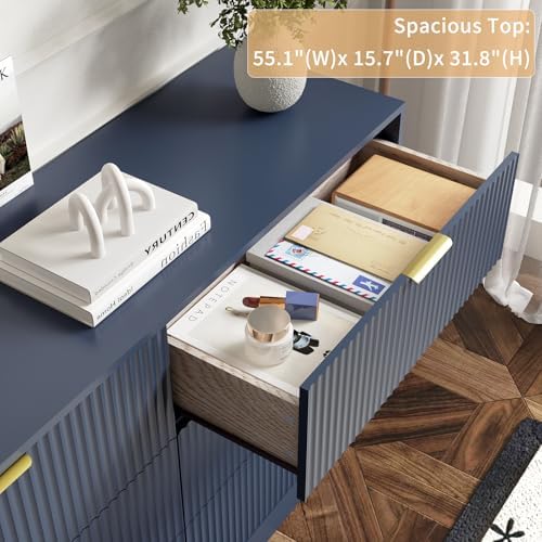 6 Drawer Fluted Dresser for the Bedroom, 55" Wide Wooden Dresser with Deep Drawers, Large Floor Chest of Drawers, Modern Long TV Stand, Storage Cabinet for Livingroom, Hallway, Blue - Image 6